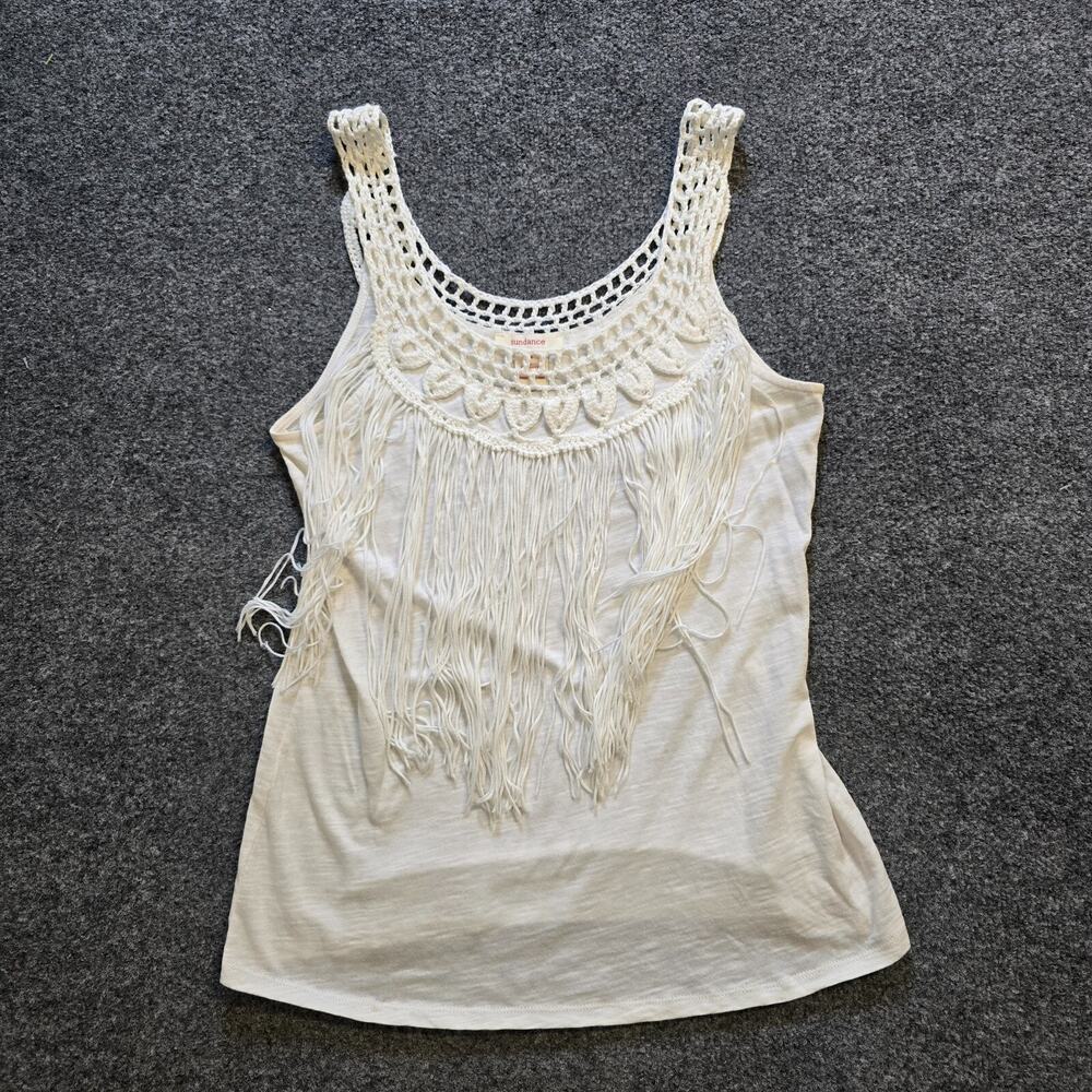 Sundance Top Womens Size Small White Fringe Crochet Trim Slub Knit Capsule Boho